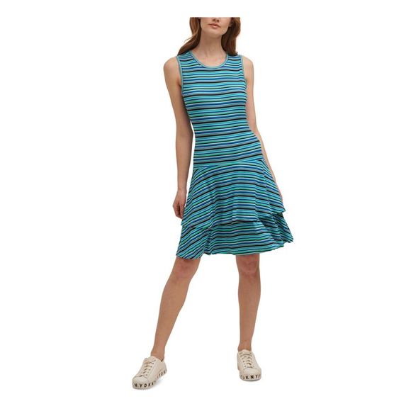THREE DOTS Womens Black Stretch Ribbed Curved Hem Sleeveless Scoop Neck Above The Knee Body Con Dress